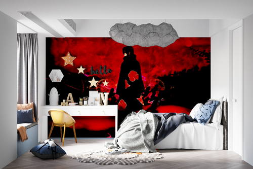 Dark red anime wall mural in teen bedroom with dynamic manga-inspired design