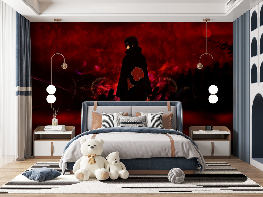 Japanese anime wallpaper featuring red theme in stylish living room setting