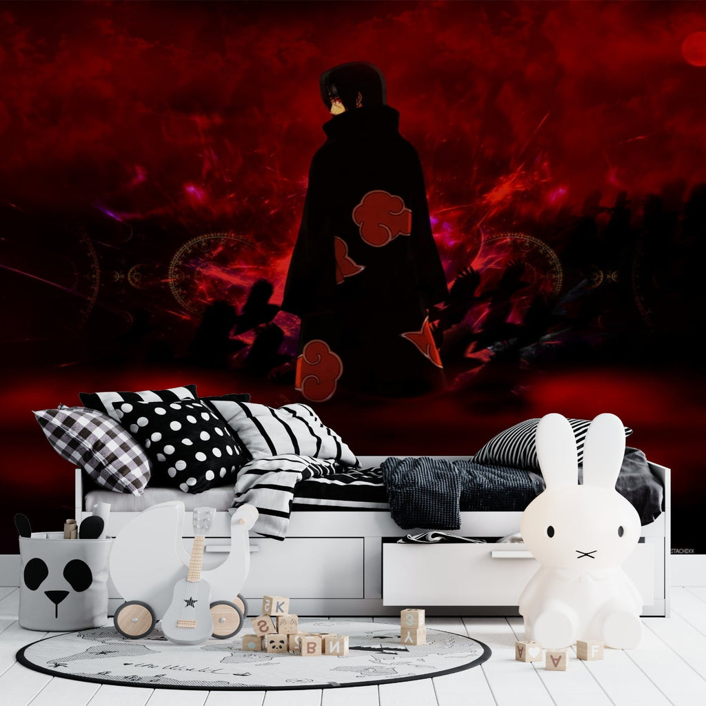 Dark red manga wallpaper creating moody atmosphere in entertainment room