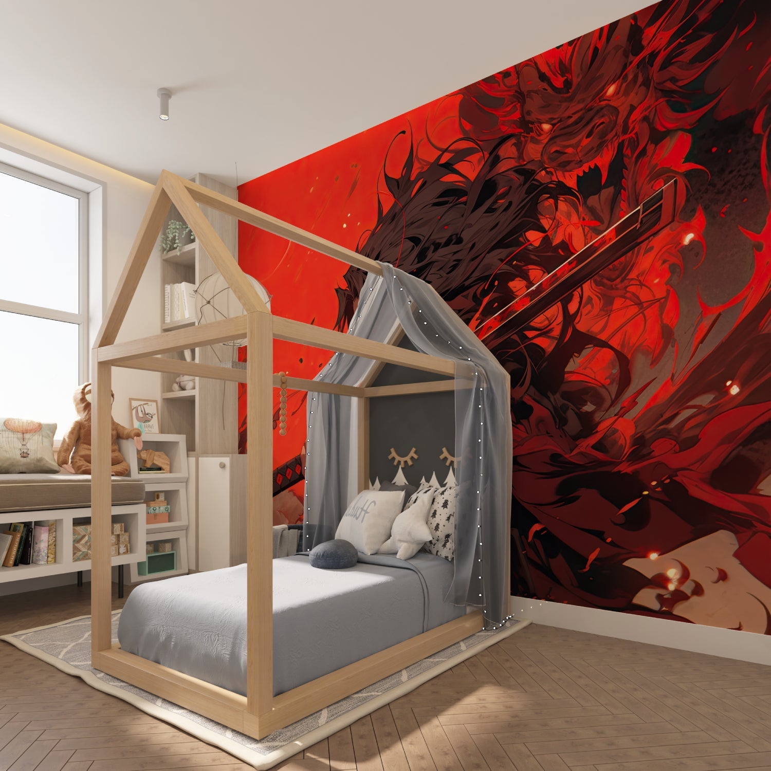 Japanese Anime Wallpaper transforming teen bedroom with dramatic samurai design