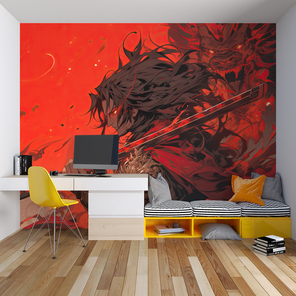 Japanese Warrior Wallpaper creating focal point in urban apartment setting