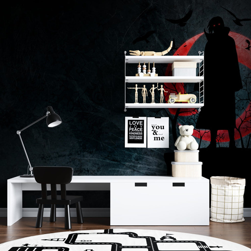 Dramatic red moon anime wallpaper creating mood in home office space