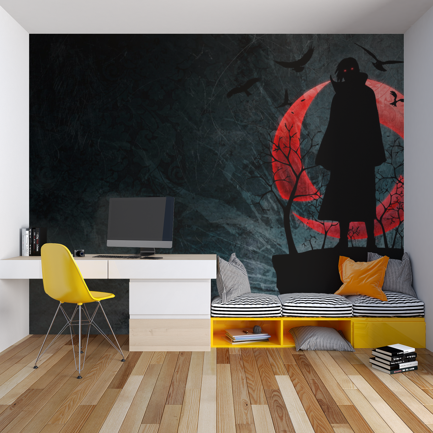 Dark fantasy anime mural making statement in modern entertainment room