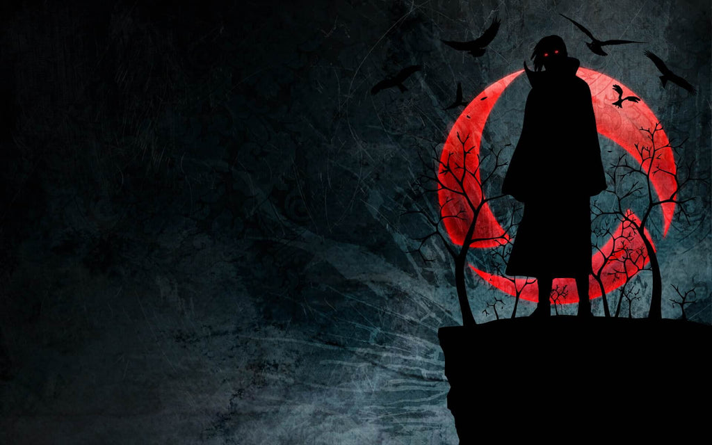 Design file showing detailed dark anime pattern with red moon and shadow elements