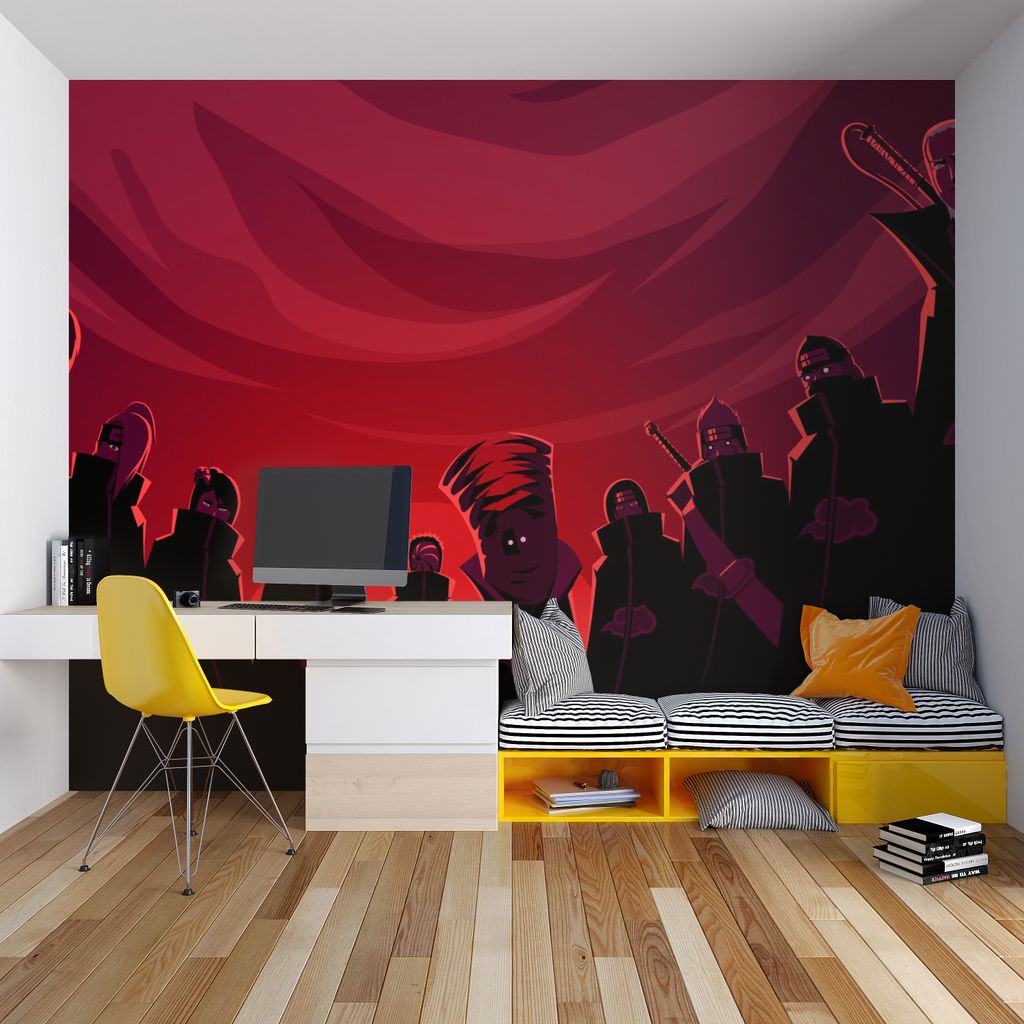Teen bedroom transformed with Japanese anime wall mural showing dark silhouettes