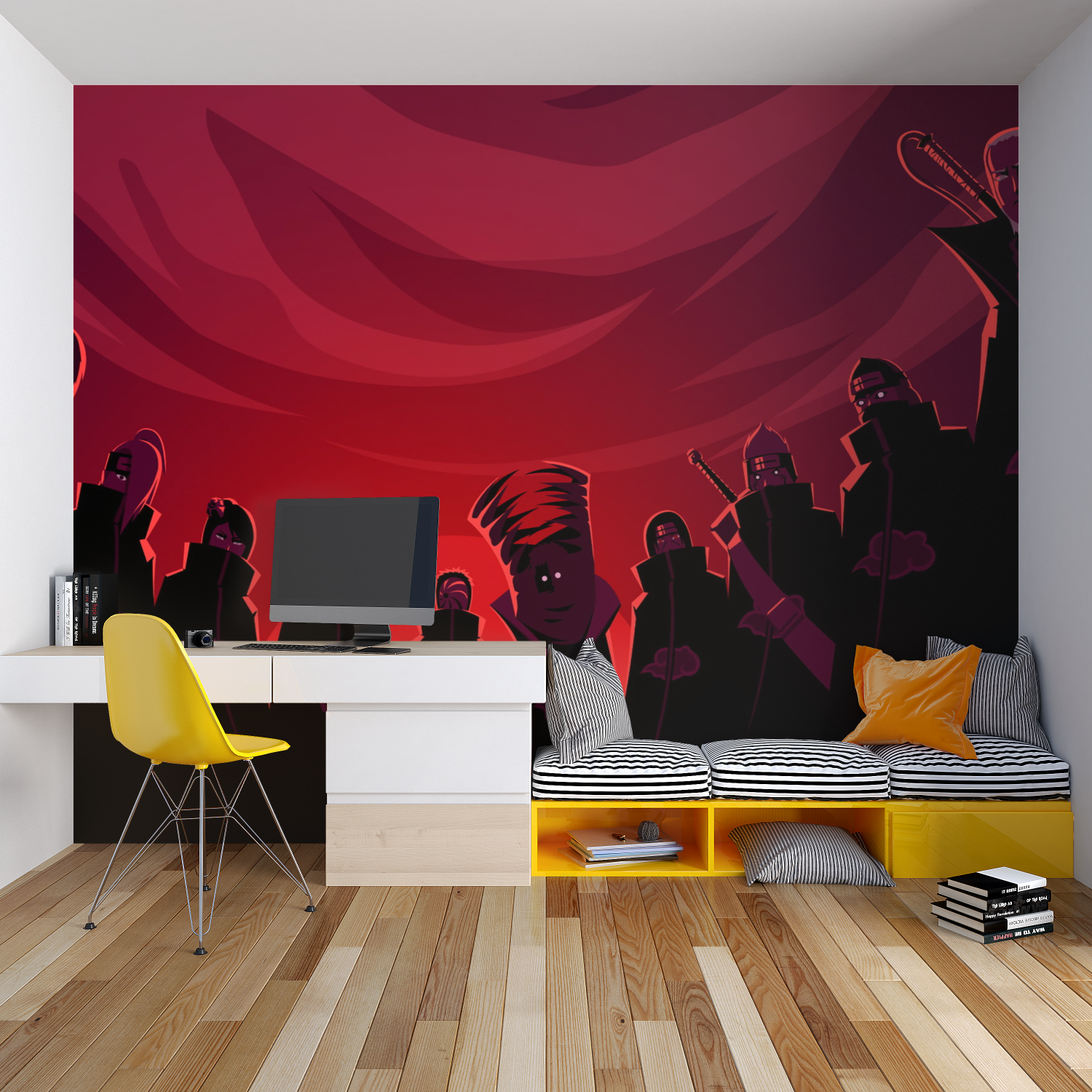 Teen bedroom transformed with Japanese anime wall mural showing dark silhouettes