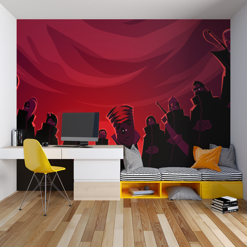 Teen bedroom transformed with Japanese anime wall mural showing dark silhouettes