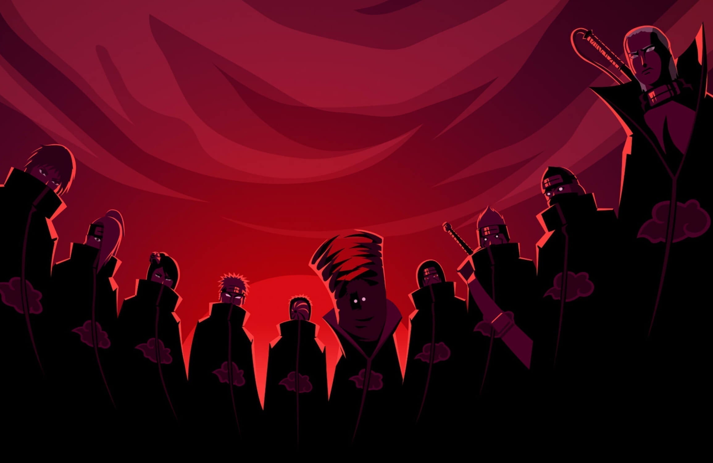 Design file of anime silhouette pattern with deep red background and dark figures