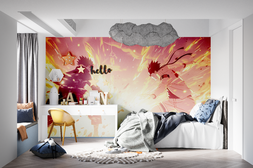 Anime battle wallpaper bringing energy to a modern gaming room with dramatic red and orange tones