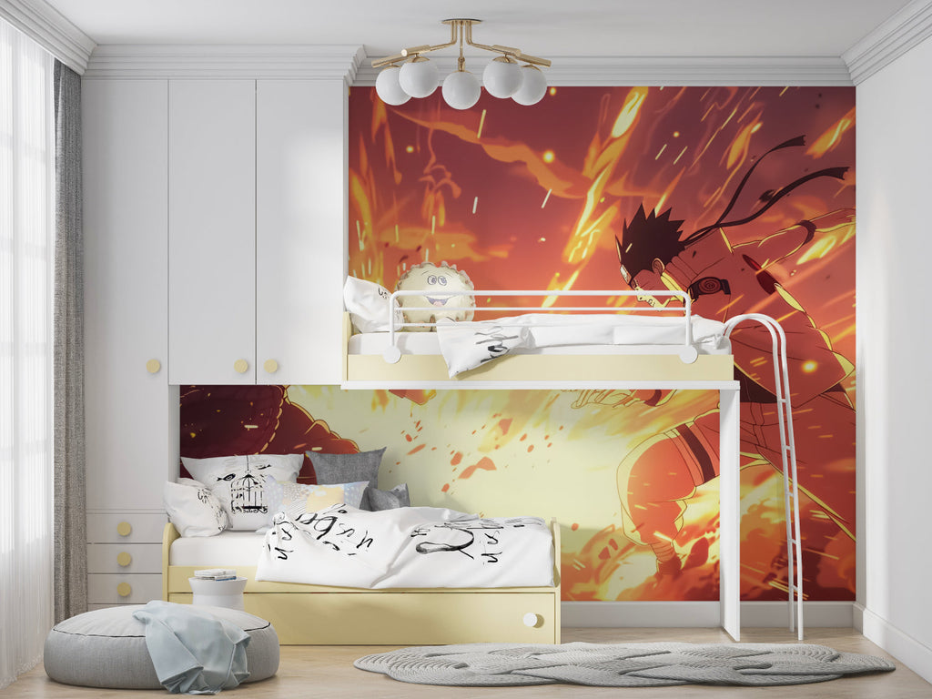 Dynamic anime mural in a teen bedroom showing epic battle scene with fiery effects