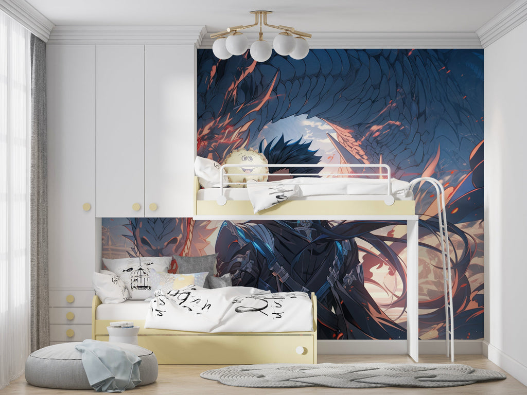 Anime Dragon Warrior mural wallpaper creating drama in a modern gaming room with LED lighting