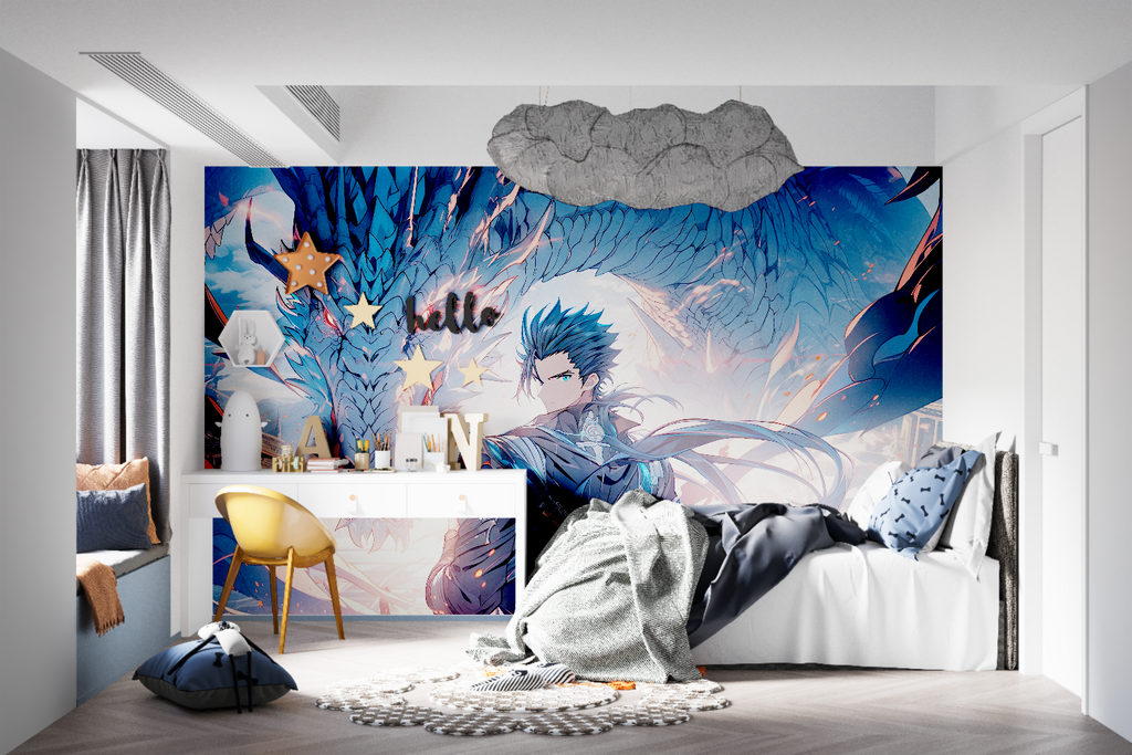 Dragon Warrior anime mural in a stylish entertainment room setting