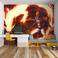 Anime fire battle mural bringing energy to a modern gaming room with dramatic red and orange tones