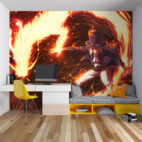Anime fire battle mural bringing energy to a modern gaming room with dramatic red and orange tones