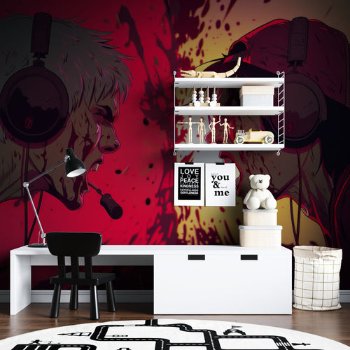 Anime gaming wallpaper creating an epic atmosphere in a modern gaming setup with LED lighting and multiple screens