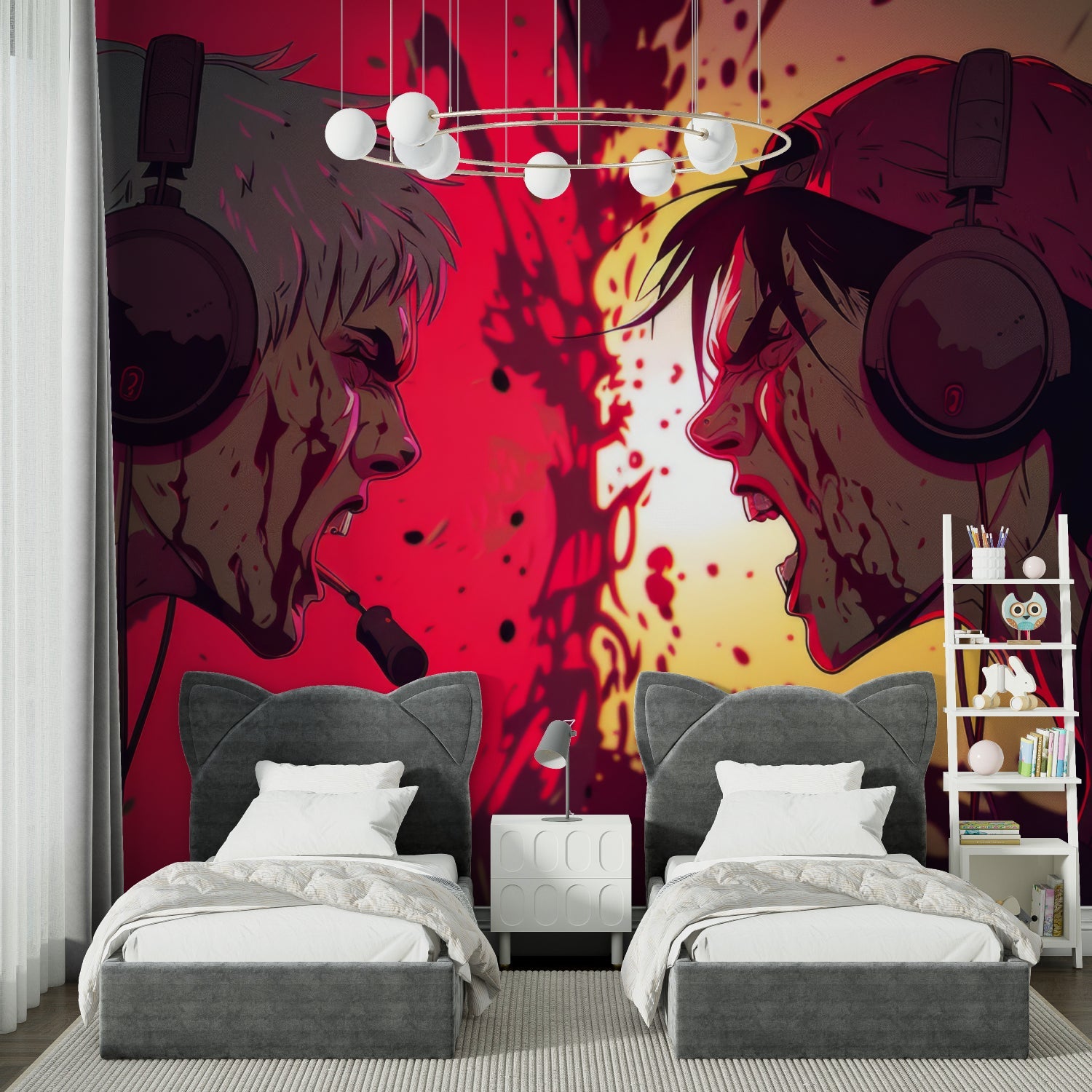 Home office transformed with dynamic anime gaming wallpaper, highlighting the bold red accents