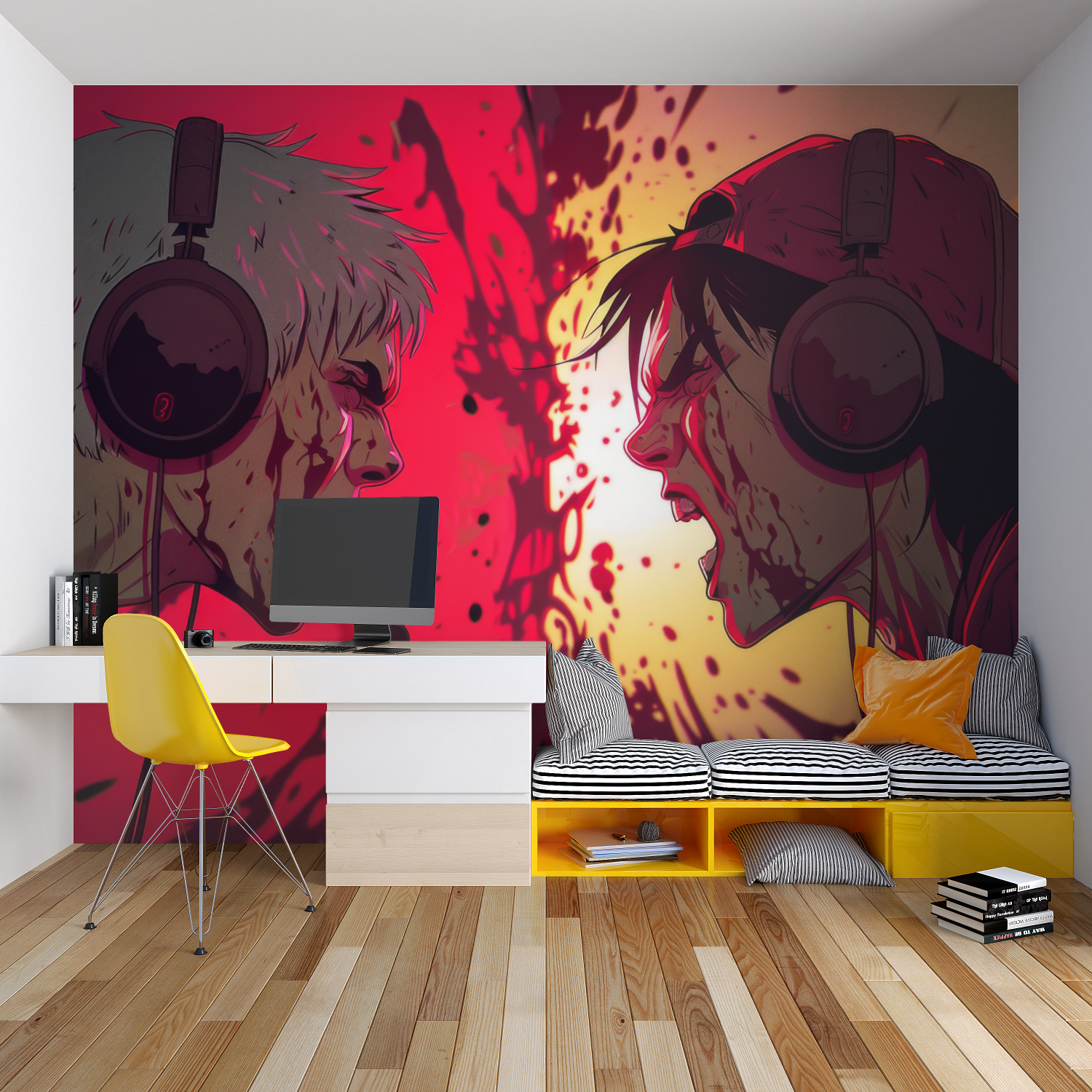 Entertainment room showcasing anime gaming wallpaper with dramatic lighting effects