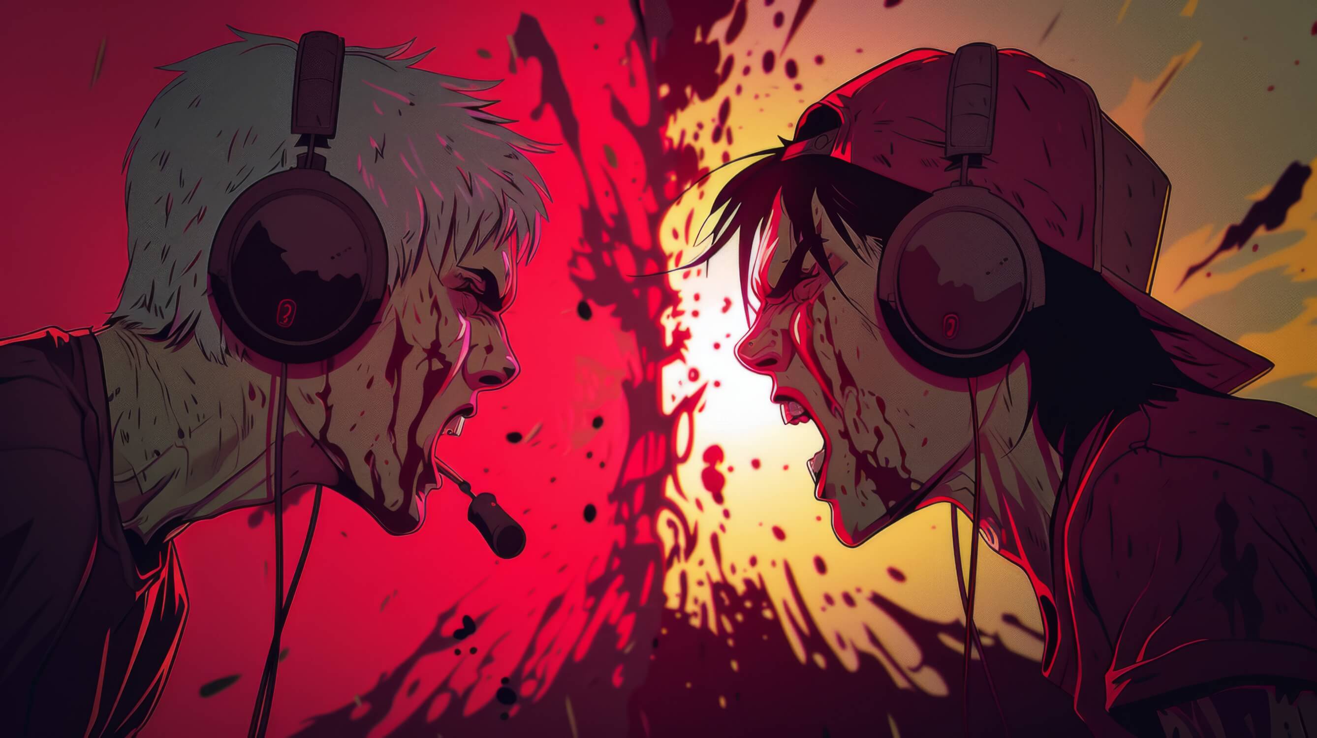 Anime gaming wallpaper design file showing detailed red and black pattern with dynamic character silhouettes