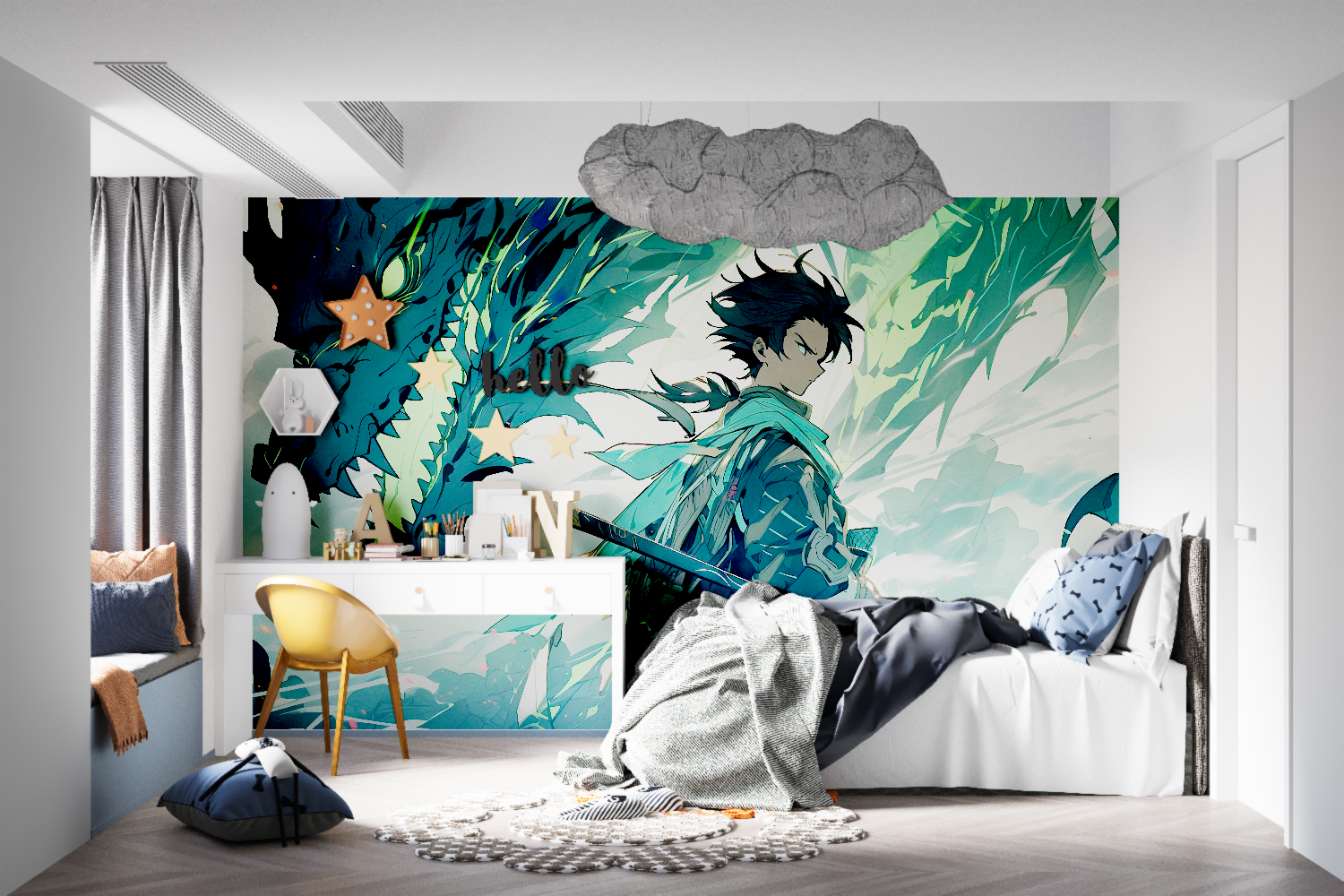 Japanese anime wall mural in stylish home office with minimalist decor