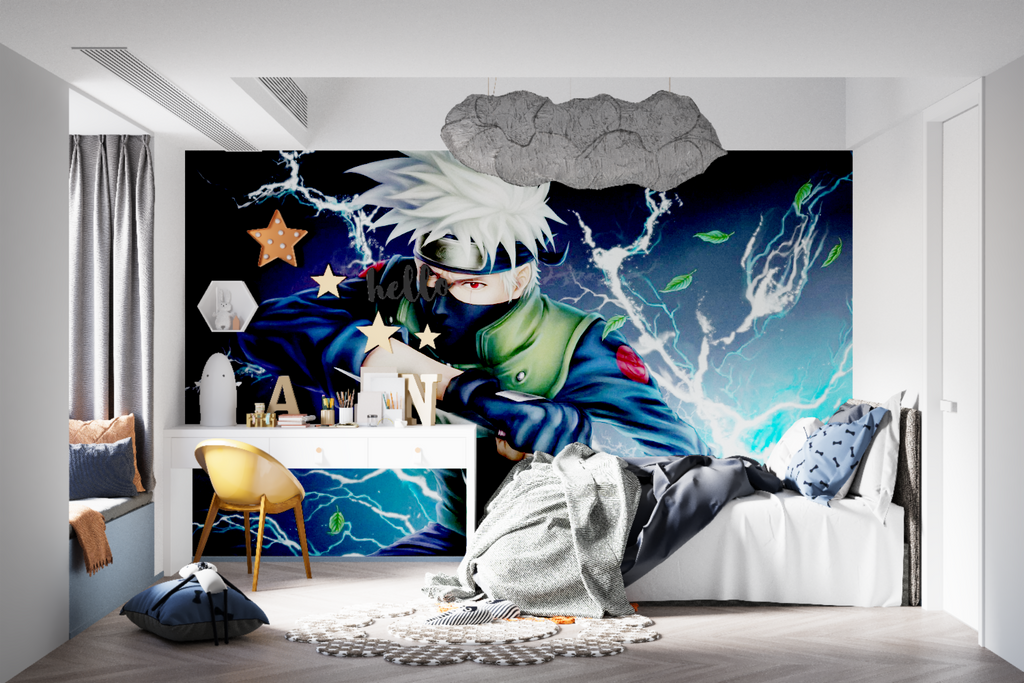 Anime wall design in contemporary bedroom setting