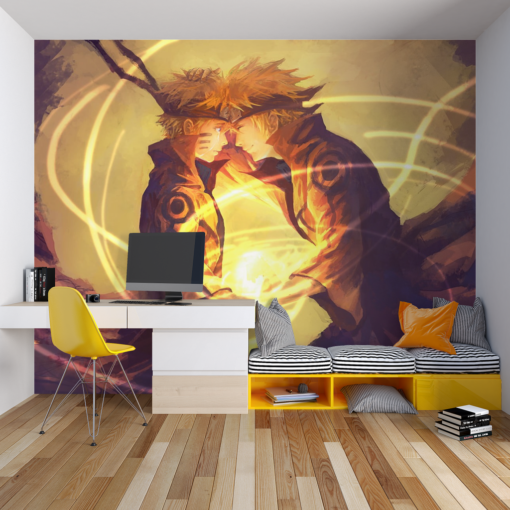Japanese anime wallpaper transforming a home office with vibrant orange combat scene