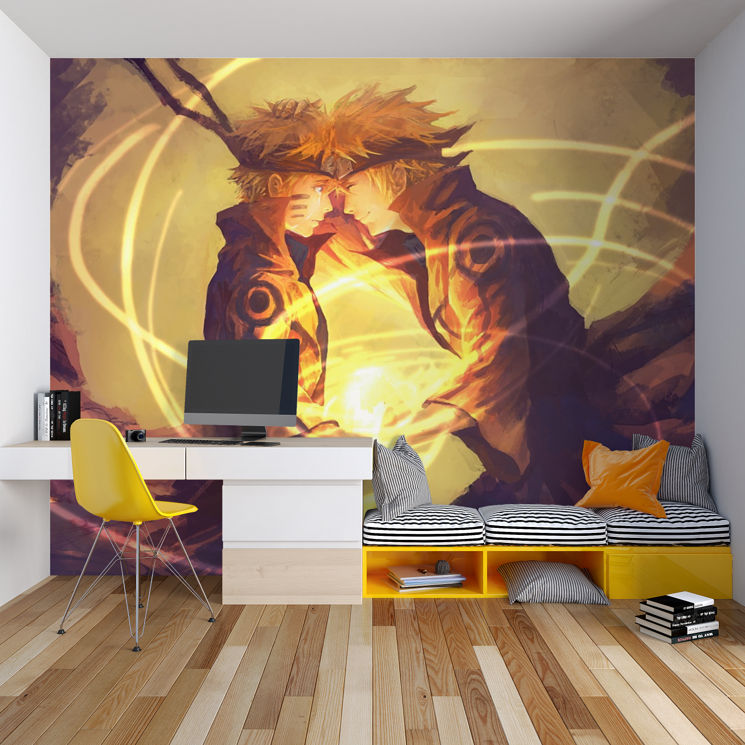 Japanese anime wallpaper transforming a home office with vibrant orange combat scene