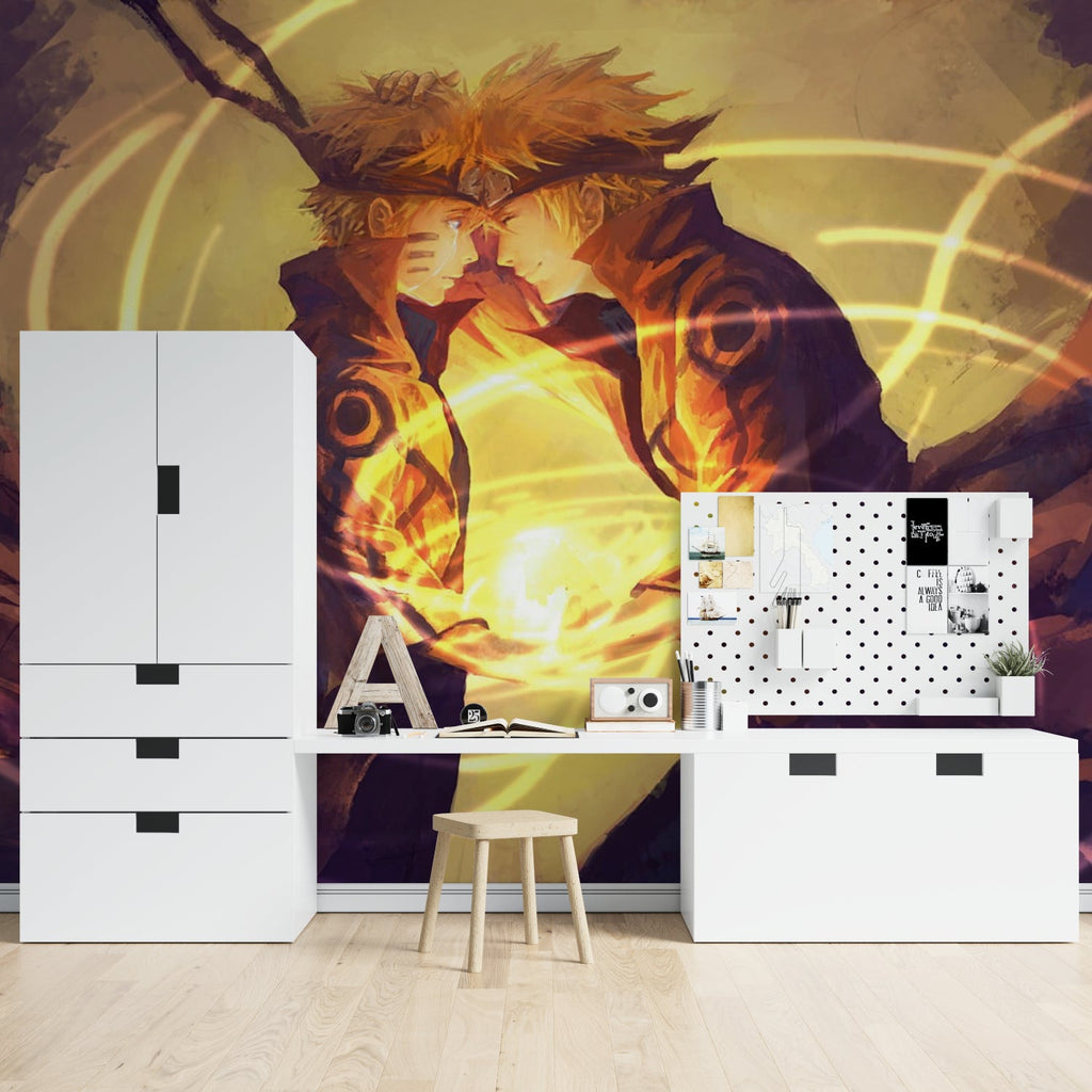 Anime mural wallpaper making a statement in a modern entertainment room with orange theme