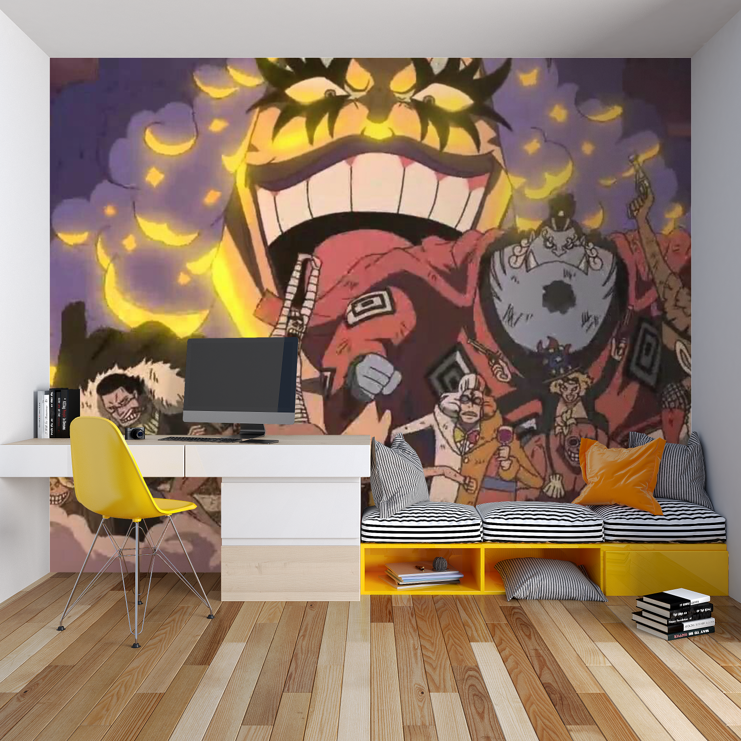 Manga-inspired wall mural creating atmosphere in a teen bedroom with LED lighting