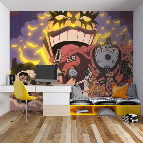 Manga-inspired wall mural creating atmosphere in a teen bedroom with LED lighting