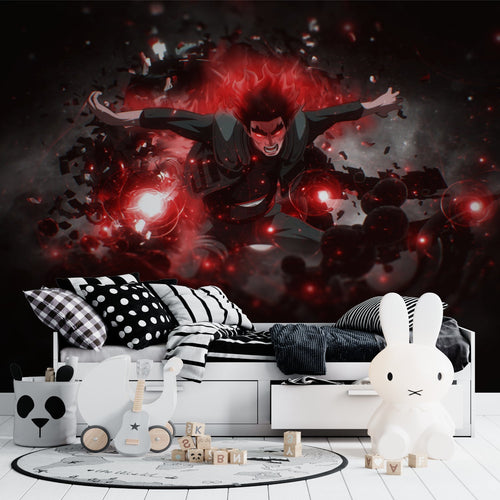 Teen bedroom showcasing dramatic anime battle mural with striking red effects