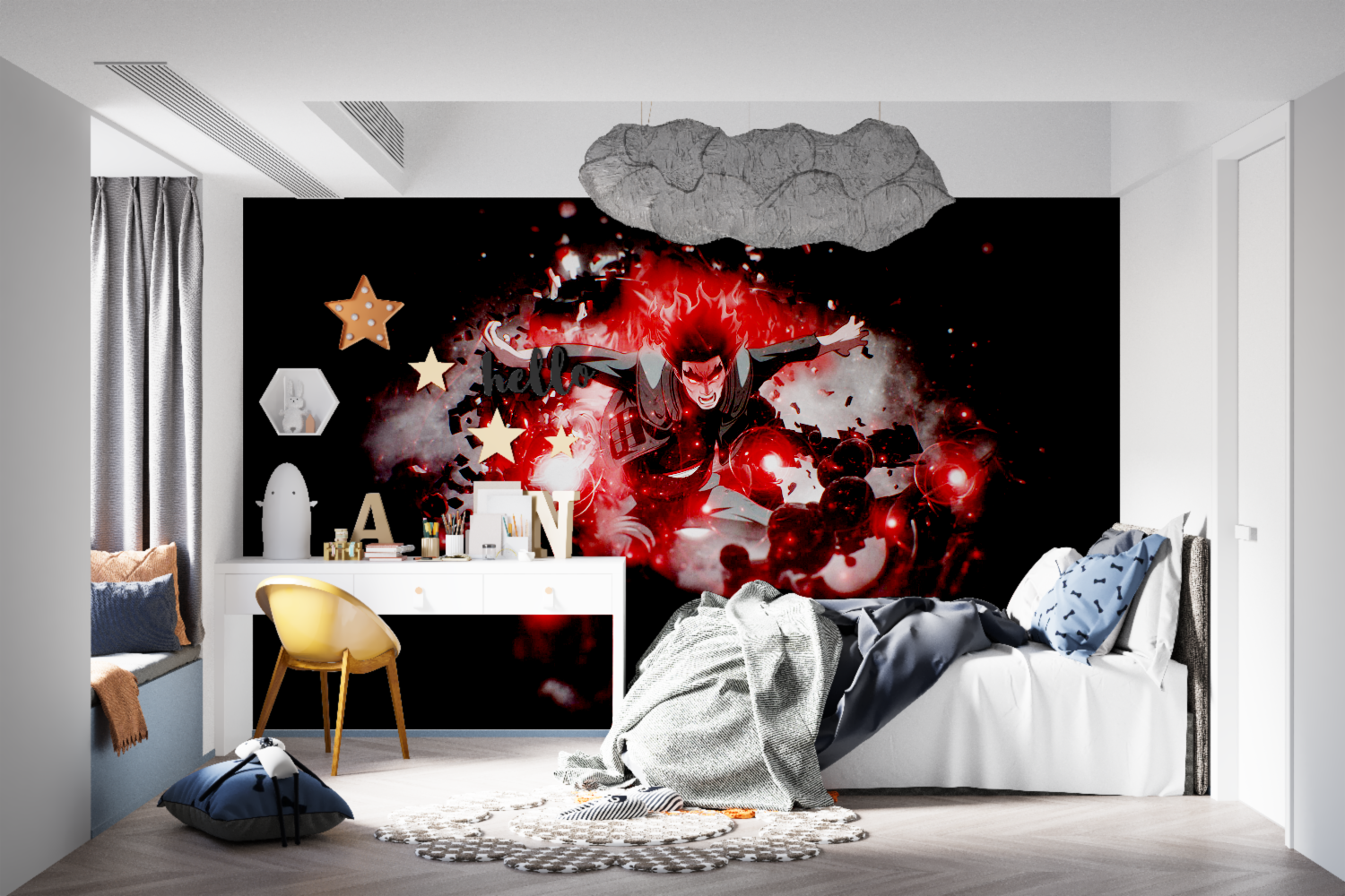 Action anime wallpaper displayed in a stylish entertainment room setup