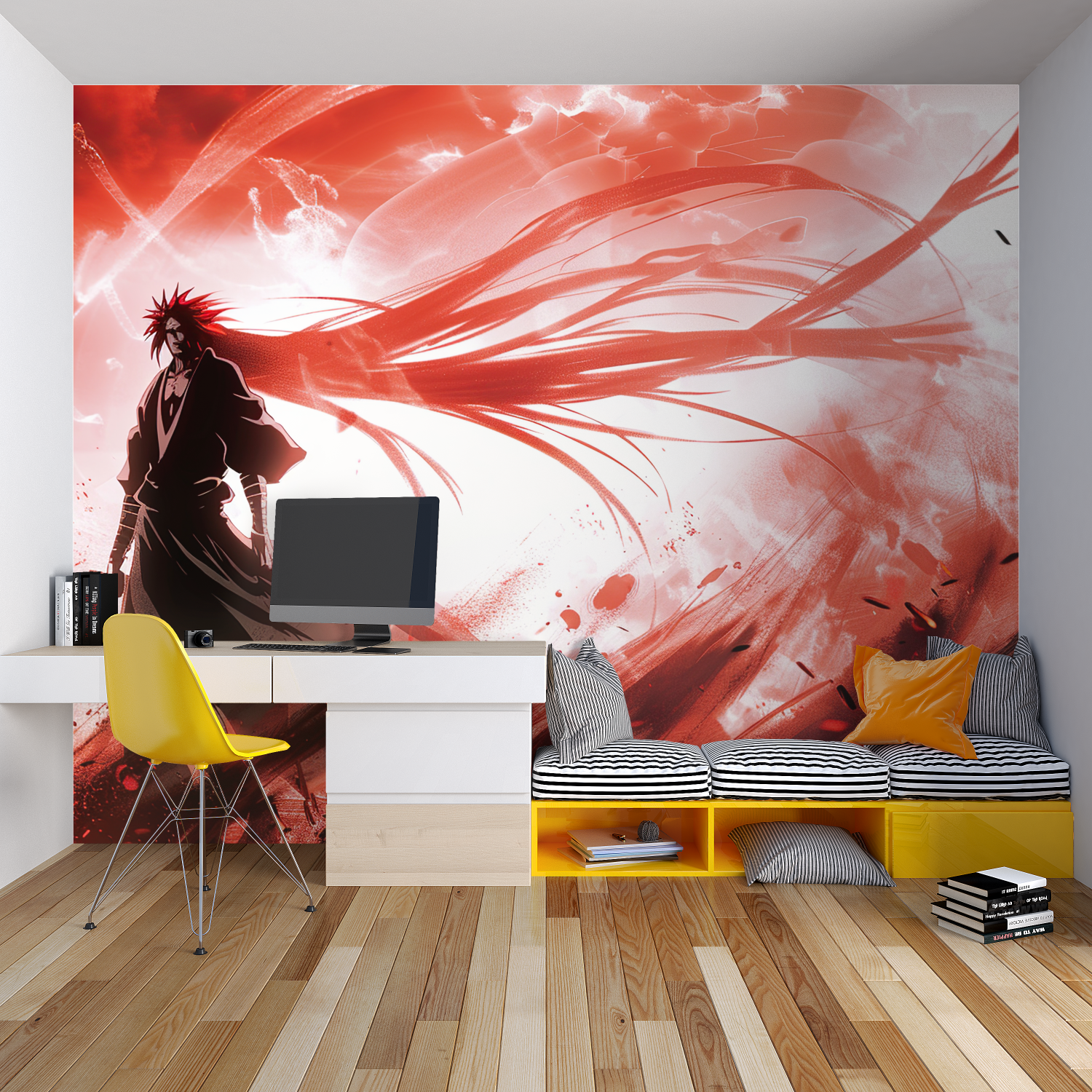Red anime wallpaper creating dramatic effect in entertainment room