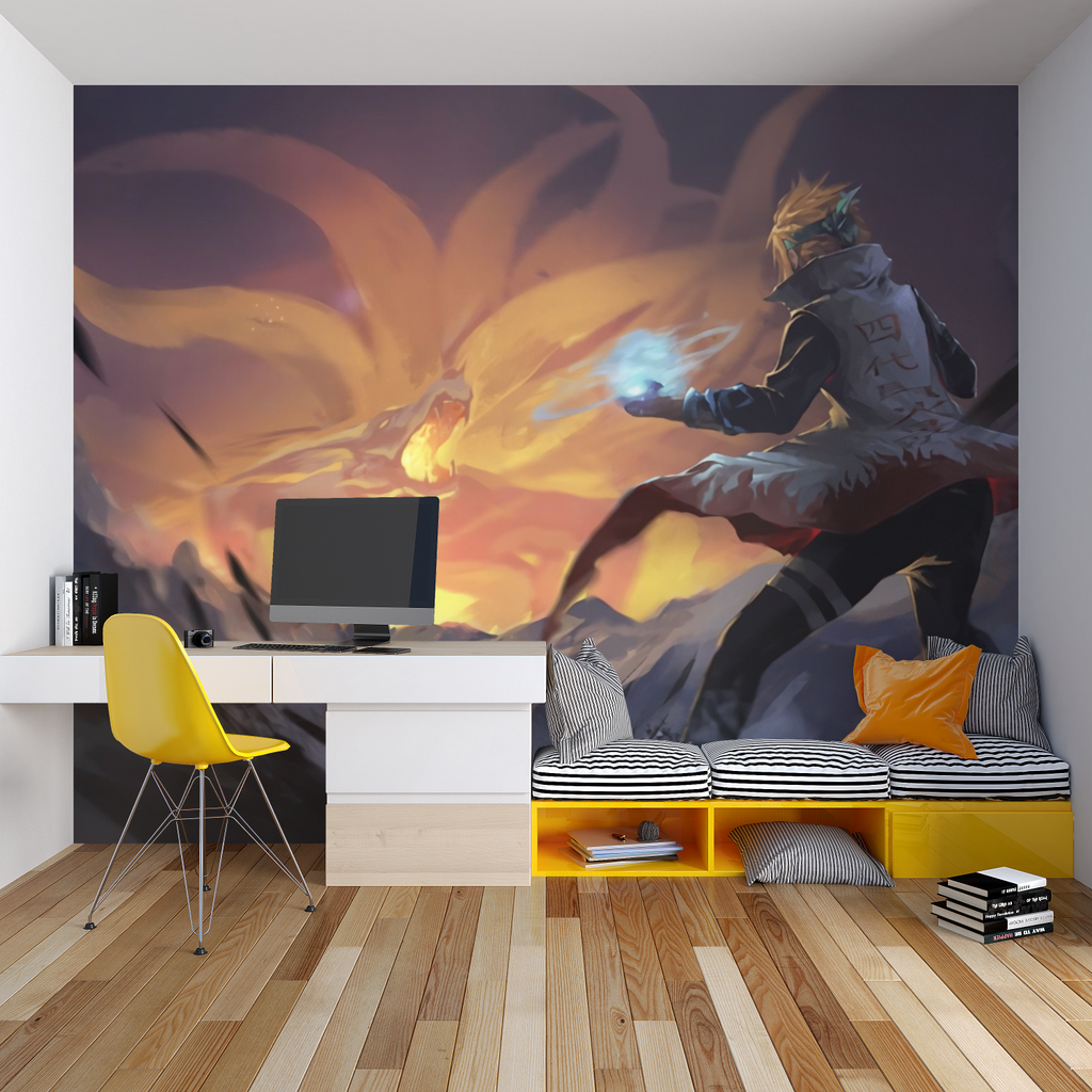 Epic anime battle mural adding character to a media room with sunset colors