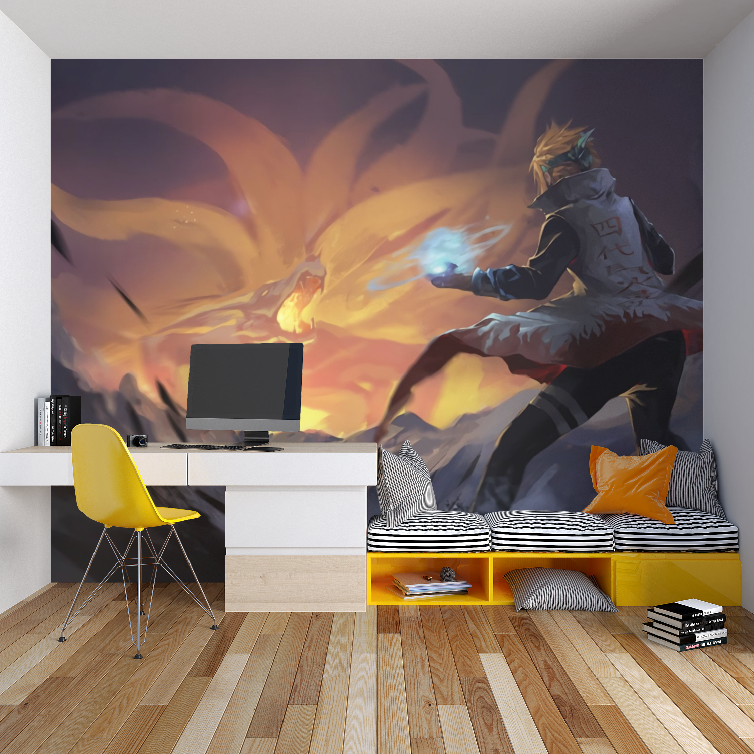 Epic anime battle mural adding character to a media room with sunset colors