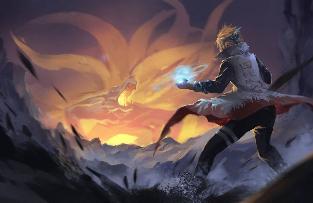 Design file showing detailed anime battle scene with orange sunset background