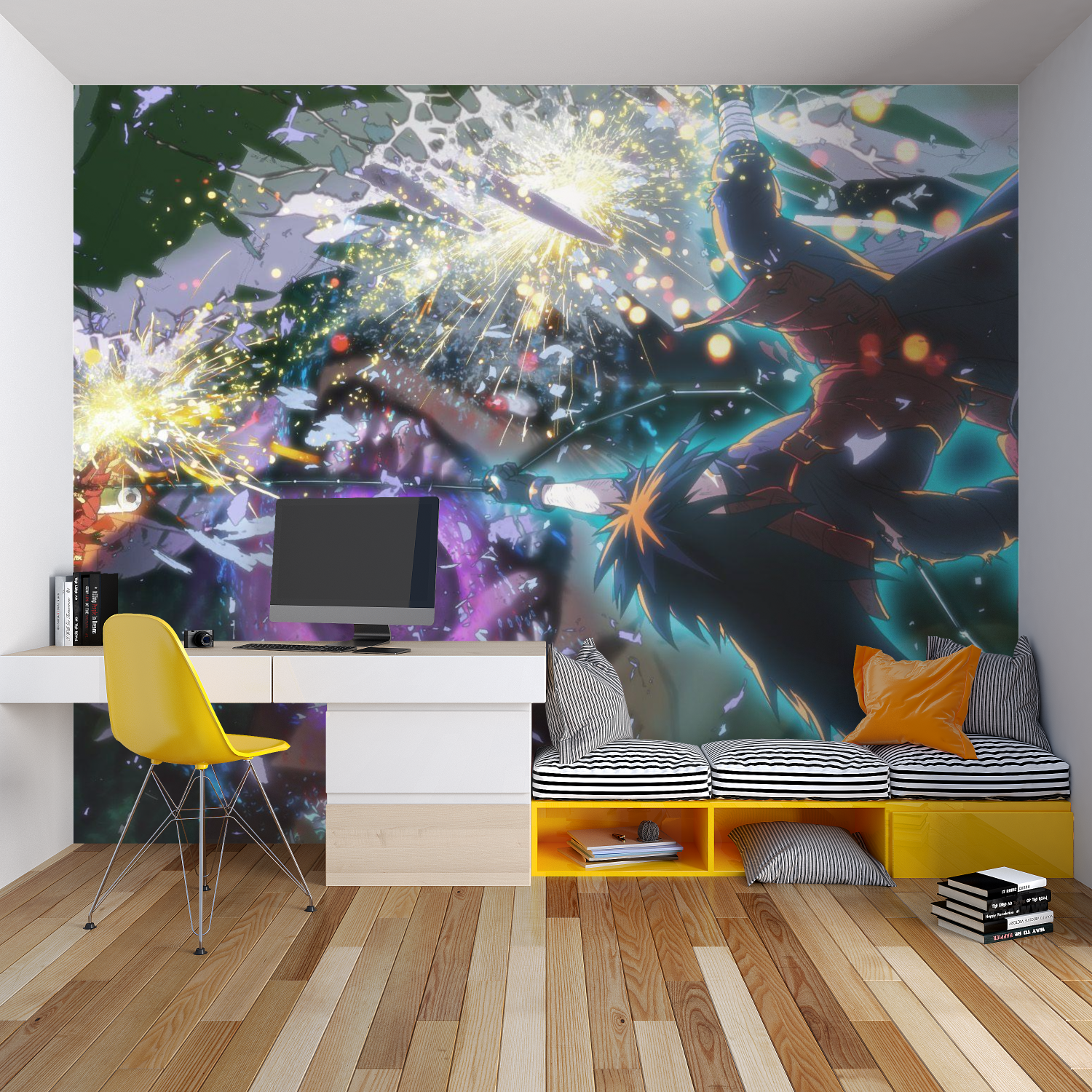 Anime battle scene wallpaper adding energy to a study room