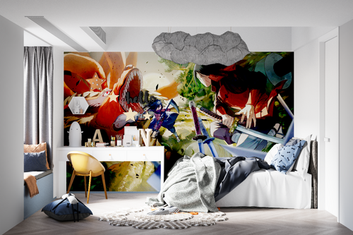 Dynamic anime mural displayed in a teen bedroom, showing the scale of the epic battle scene