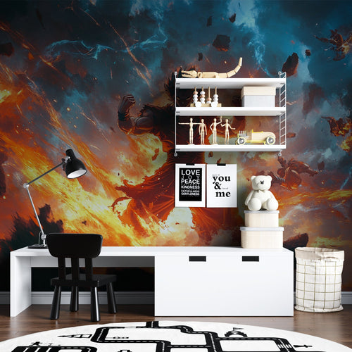 Epic anime space battle mural in modern gaming room setup with LED lighting