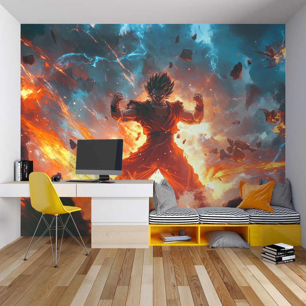 Cosmic anime wallpaper installed in stylish entertainment room