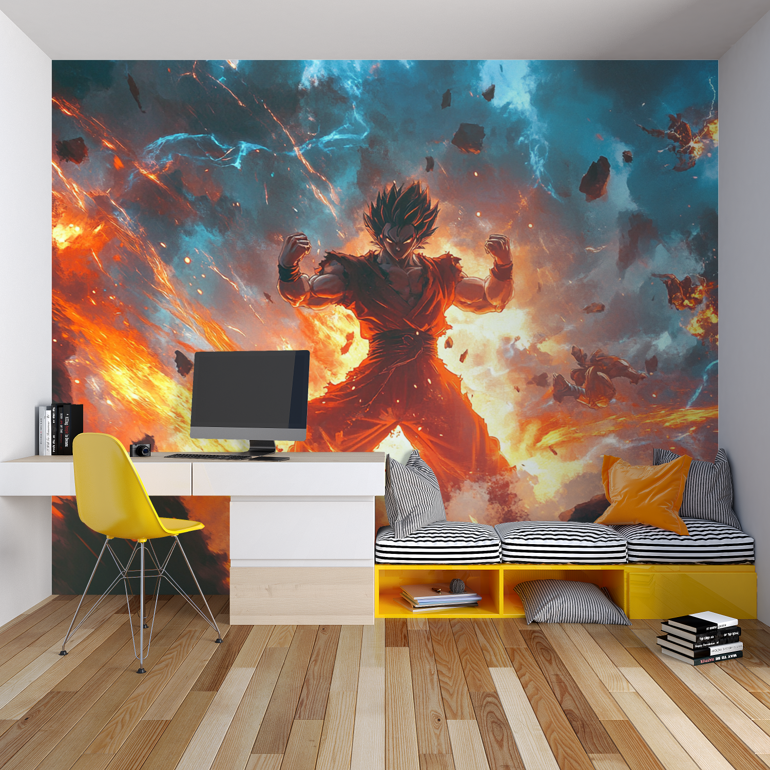 Cosmic anime wallpaper installed in stylish entertainment room