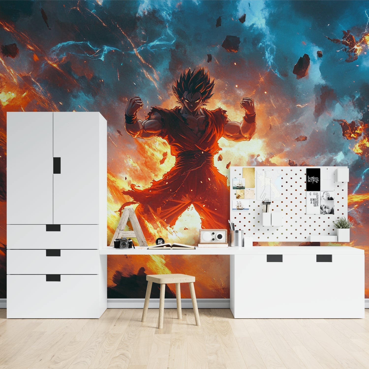 Anime space mural showcased in modern home office setup