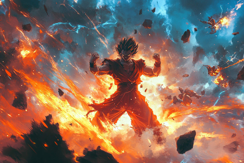 Design file of anime space battle scene with turquoise nebulae and orange flame effects