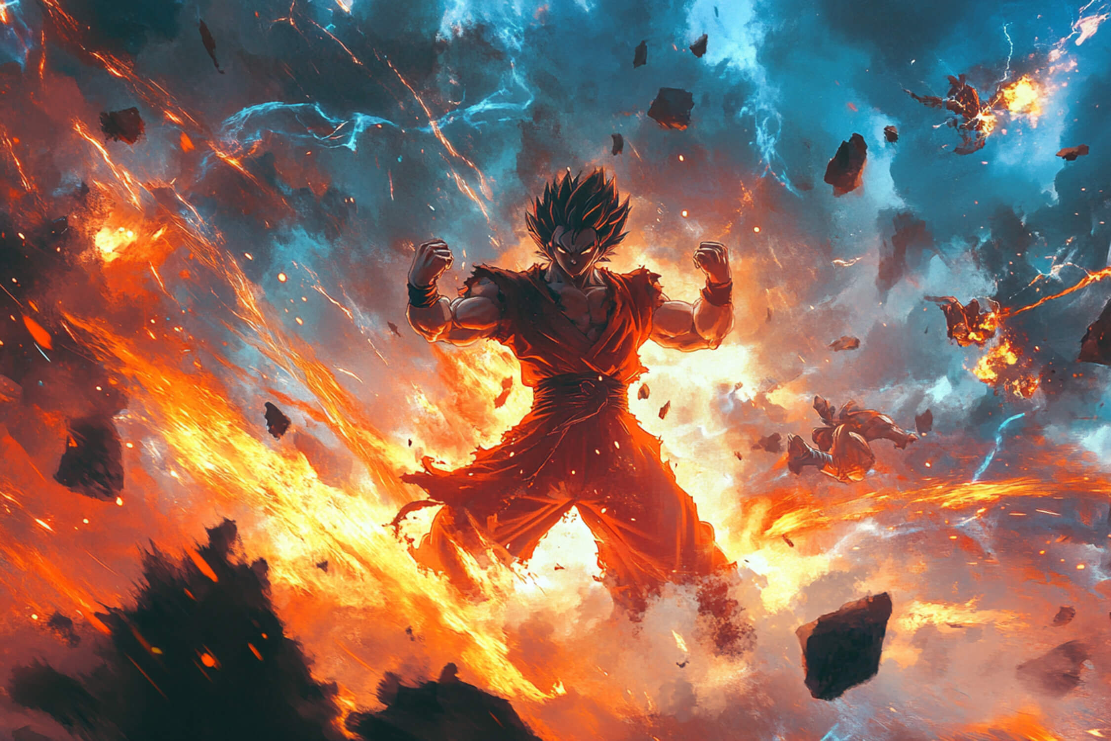 Design file of anime space battle scene with turquoise nebulae and orange flame effects