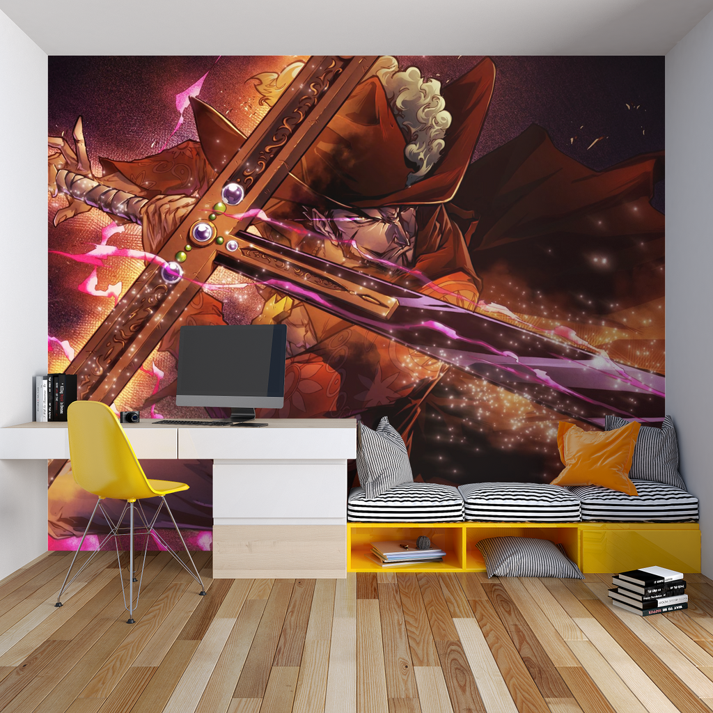 Japanese anime warrior wallpaper design showcased in contemporary living room