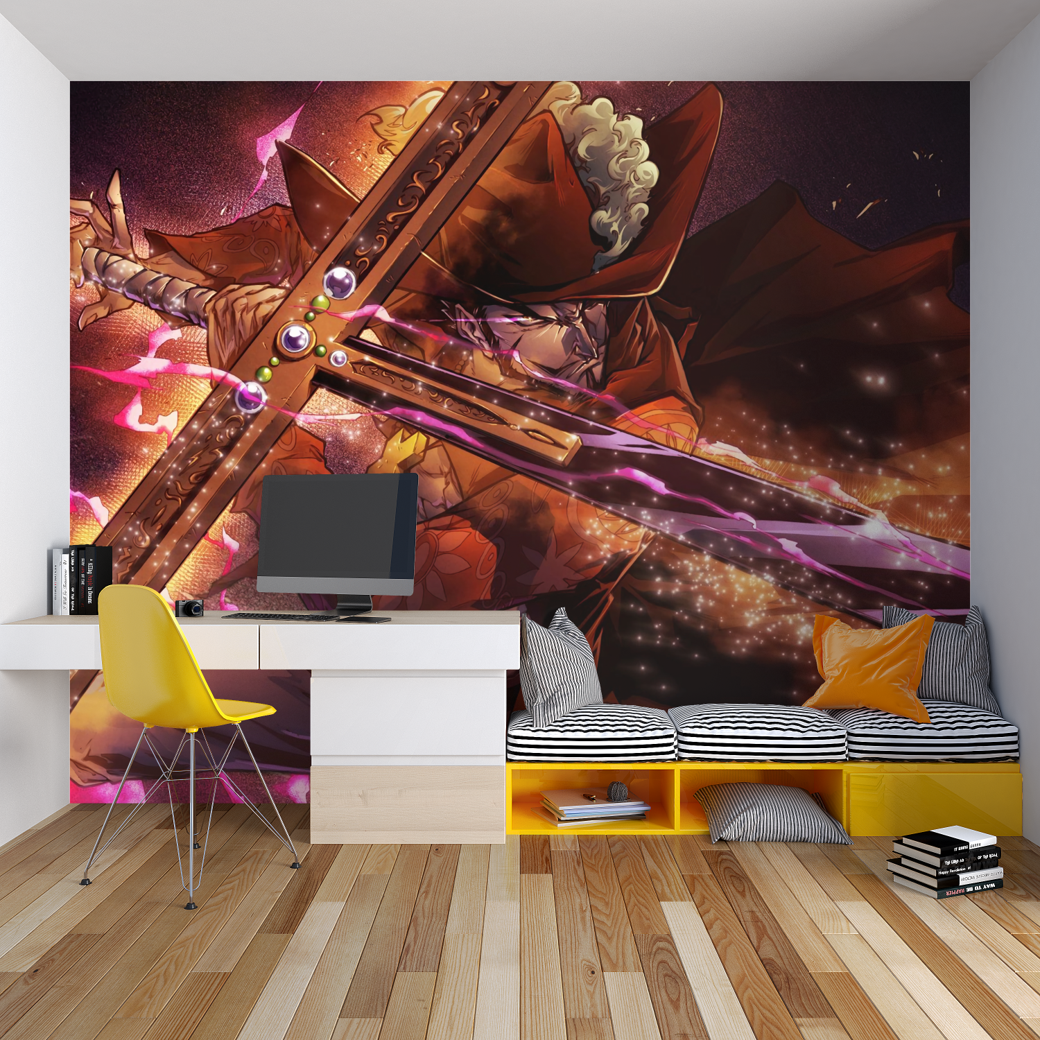 Japanese anime warrior wallpaper design showcased in contemporary living room