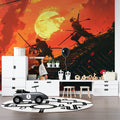 Anime battle wallpaper in modern gaming room showing dramatic warrior silhouettes against orange sunset