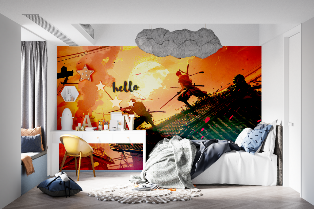 Japanese warriors wallpaper making statement in home office with golden hues