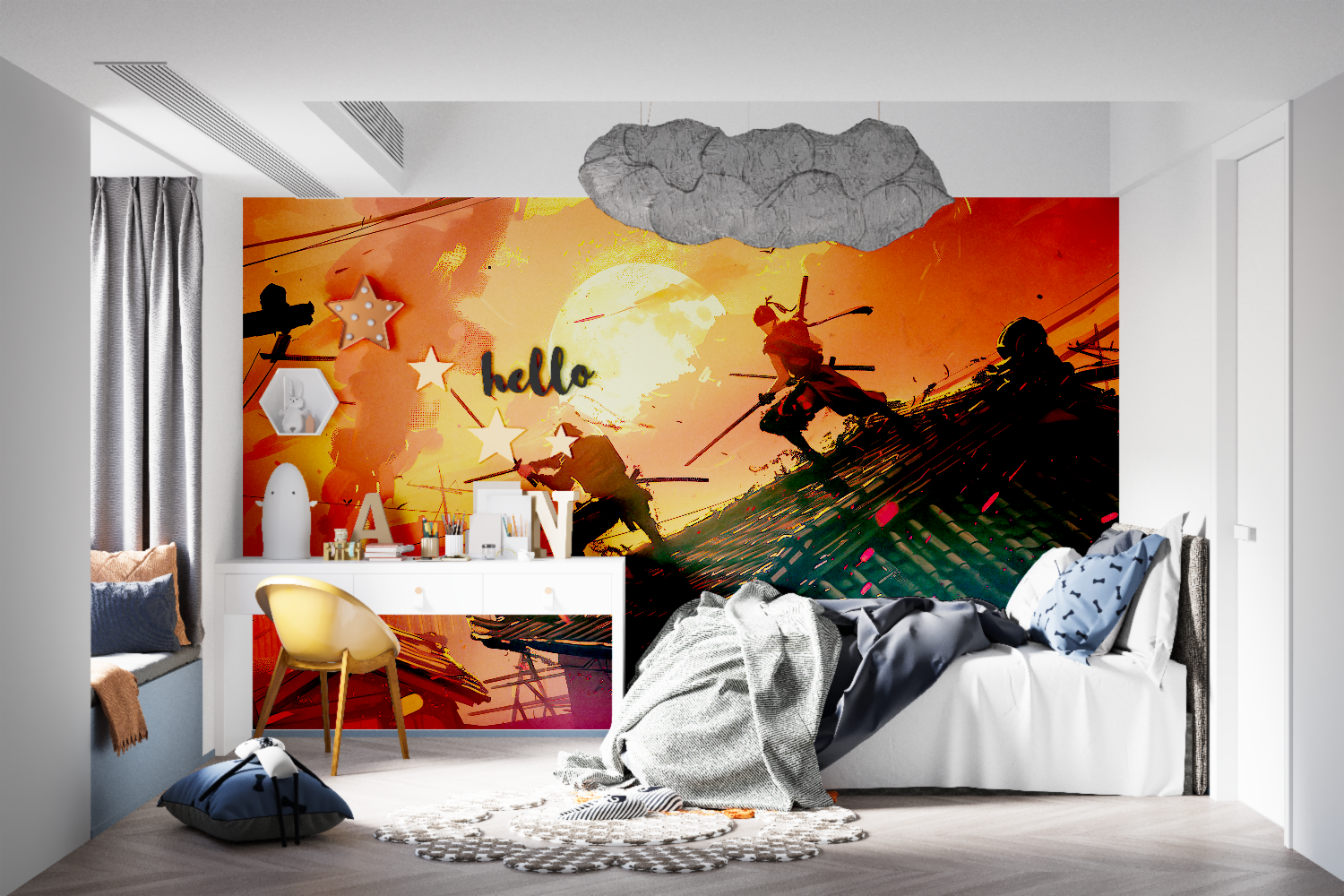 Japanese warriors wallpaper making statement in home office with golden hues
