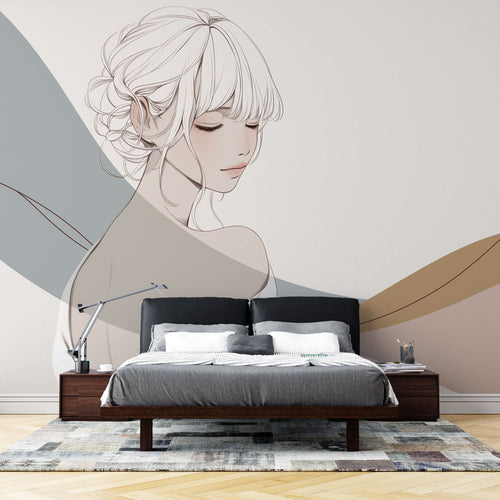 Modern Anime Wall Mural creating a striking focal point in a minimalist living room with clean furniture and natural light