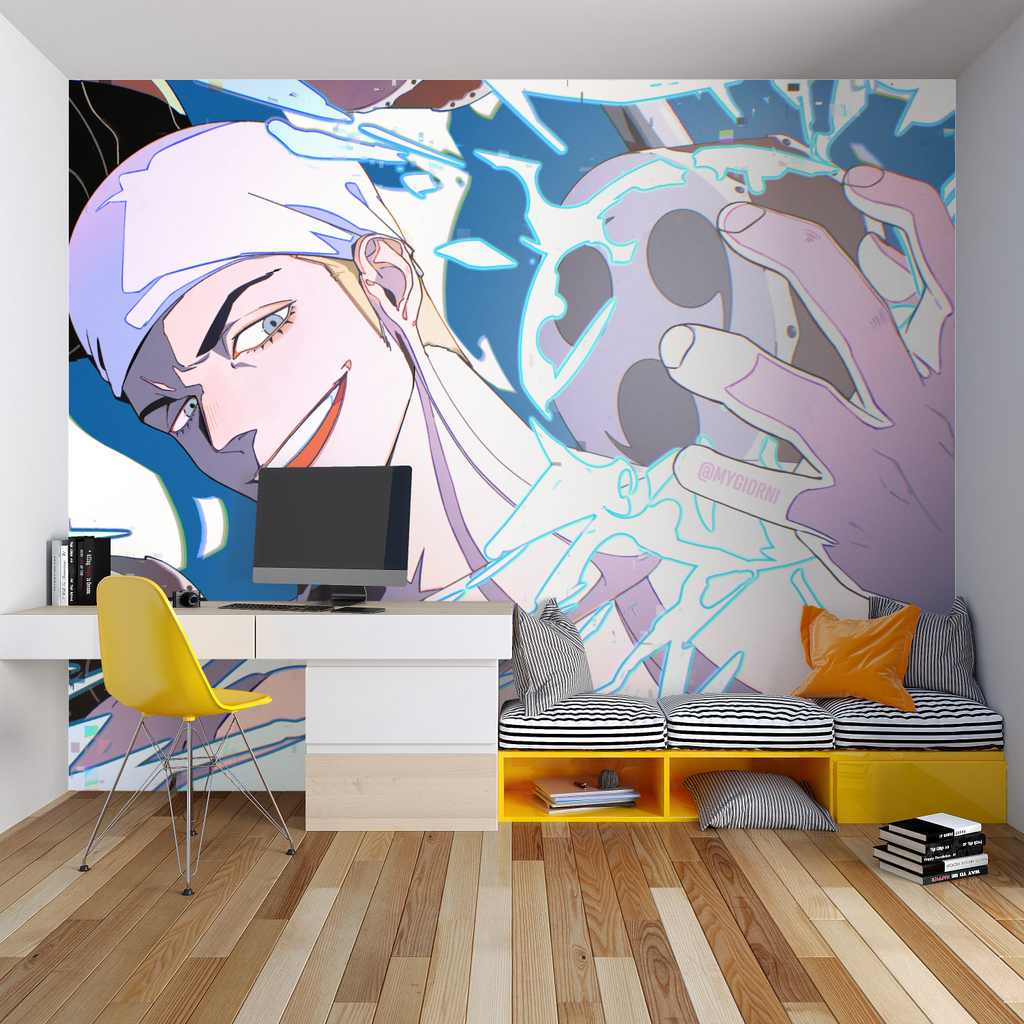 Blue and Purple Anime Mural bringing energy to a creative studio space